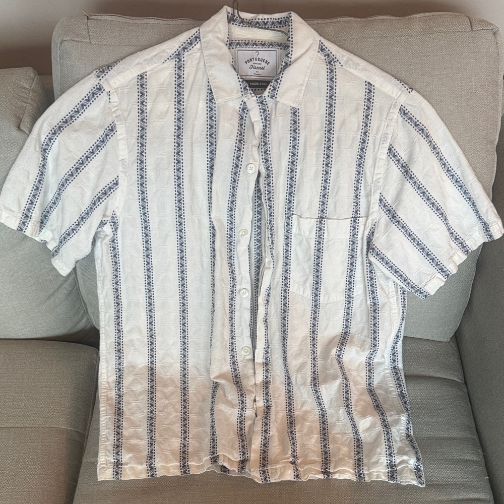 Portuguese Flannel Men's White and Blue Striped Casual Short Sleeve Shirt